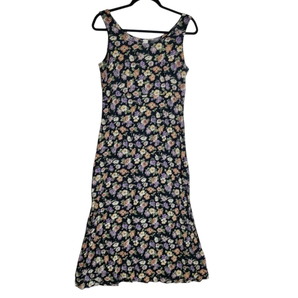 David Wayne Vintage Floral Sleeveless Rayon Midi Dress Black Purple Size 12‎